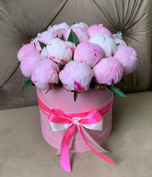 19 розовых пионов в шляпной коробке #2865