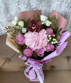 Авторский микс с розовой гортензией , орхидеей и розами #2134