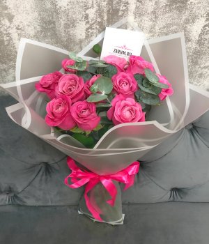Букет из 11 розовых роз Ол фо Лав с эвкалиптом  (50см) #1602