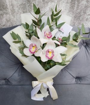 Букет из 3 белых орхидей и эвкалипта #2319