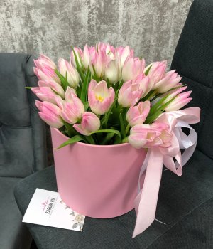 Розовые  тюльпаны в белой шляпной коробке (25 шт ) #1034