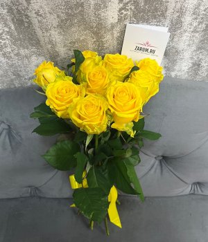 Букет из 9 желтых роз под ленту  (50 см ) #504