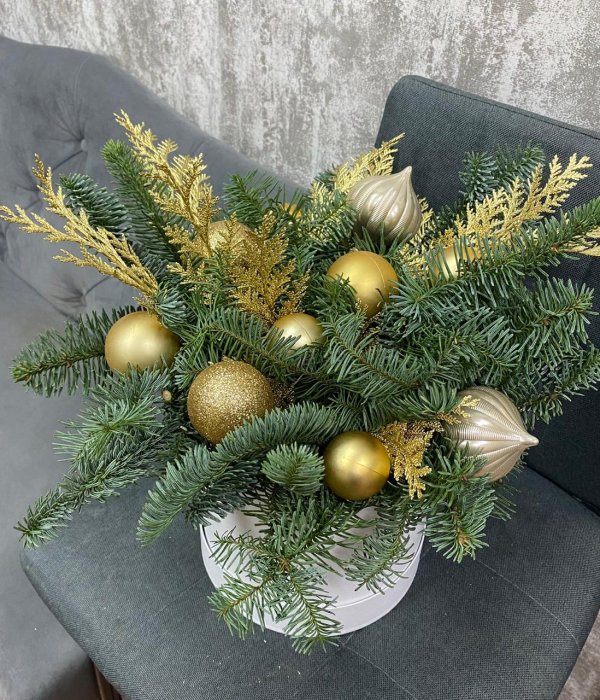 Новогодняя композиция с нобилисом и елочными игрушками #4525