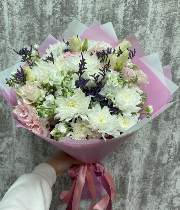 Микс с хризантемой , маттиолой, эустомой и лимониумом #2133